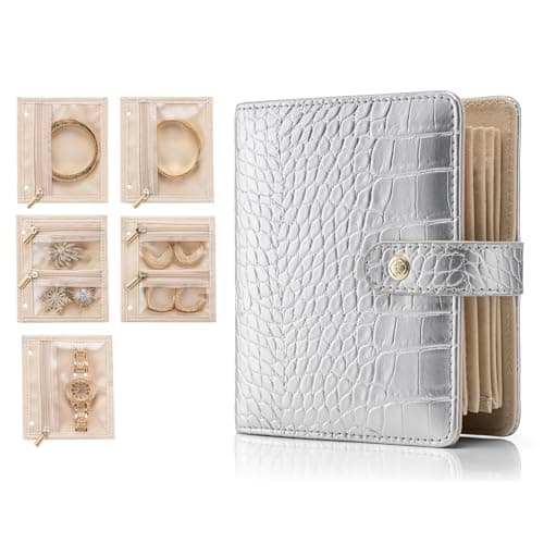 VLANDO Small Jewelry Book Organizer - Leather Travel Jewelry Case with 5 Detachable Pages, Multi Zipped Pockets for Necklaces Rings, Earrings, Tangle-Free, Croco Silver