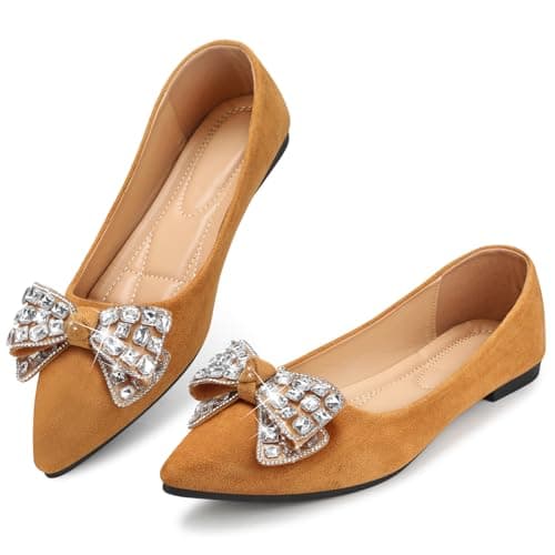KUNWFNIX Women's Pointed Toe Pearl Flats, Faux Suede Comfort Dress Flats for Wedding Guest, Non-Slip Soft Sole Office Flats for Work, Party, Date