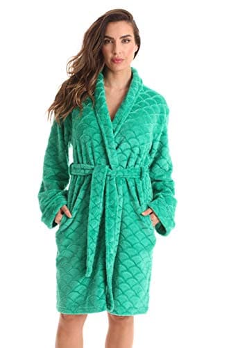 Just Love Women's Plush Fleece Bathrobe, Shawl Collar Jacquard Robe with Tie Belt, Emerald, Medium