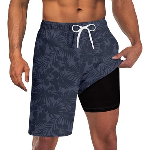 Goodstoworld Mens Swimming Swim Trunks with Compression Liner 9 Inch Bathing Suit Swimwear Hawaiian Hibiscus Board Beach Short Men's Swimsuit