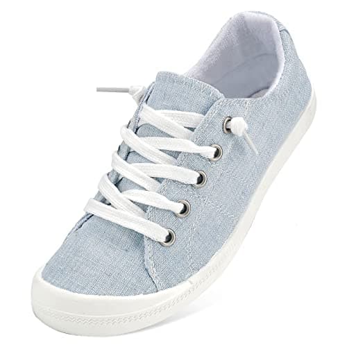 Light Blue Canvas Sneakers for Women Low Top Round Toe Flat Loafers Memory Foam Comfortable Slip on Fashion Sneakers for Walking Size 6.5