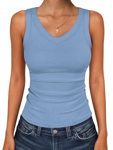ANRABESS Tank Tops for Women V Neck Ribbed Knit Slim Fitted Sleeveless Basic Tee Tanks Casual Summer Clothes 2026 Sky Blue XS