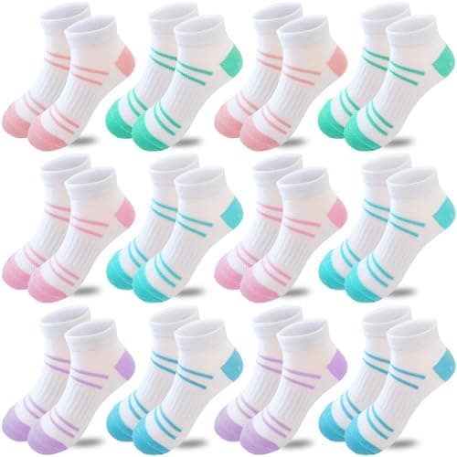Bemeol 12 Pairs Girls Socks Kids Low Cut Ankle Athletic Socks Cotton Sports Sock(7-10 Years)