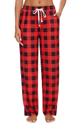 Womens Pajama Pants Plaid Sleep Bottoms with Pockets, Red Buffalo, L