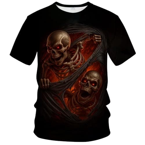 Blissboy Men's 3D Skull Flame Graphic T-Shirt Gothic Skeleton Fire Print Top Punk Horror Streetwear Tee for Halloween & Party,Orange Black,2XL