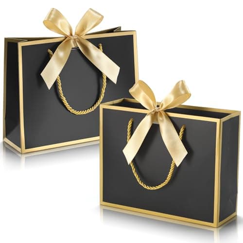 DOYIDE 2 Pack Thank You Gift Bags with Handles, 9x7x3.1in Paper Gift Bags with Bow Ribbon, Black Party Favor Bags for Any Birthday Wedding Baby Shower Bridesmaid Party Medium Gift Wrap Bags