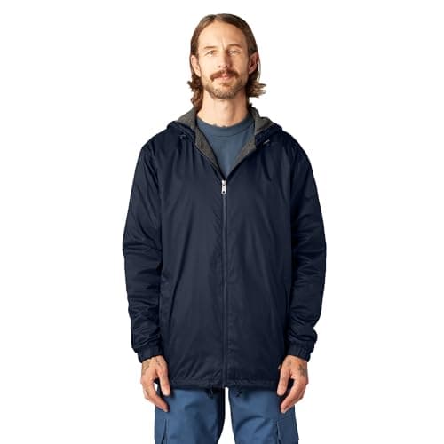 Fleece Lined Nylon Hooded Jacket, DARK NAVY, S