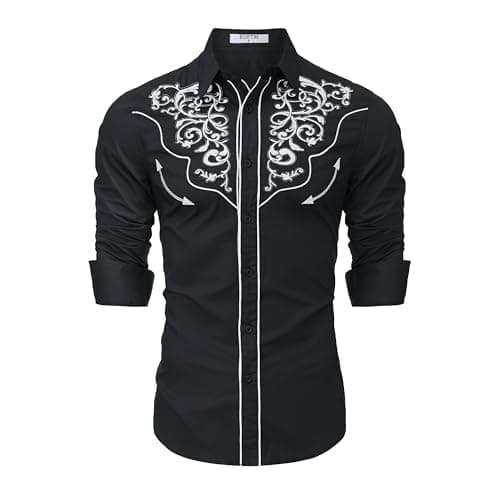 EDFTM Men's Cowboy Shirt Long Sleeve Slim Fit Embroidered Shirts Dress Costume Button Down Shirts Black White