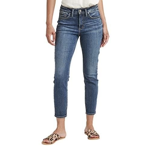 Silver Jeans Co. Women's Suki Mid Rise Curvy Fit Skinny Crop Jeans, Med Wash SCV384, 33W x 26L