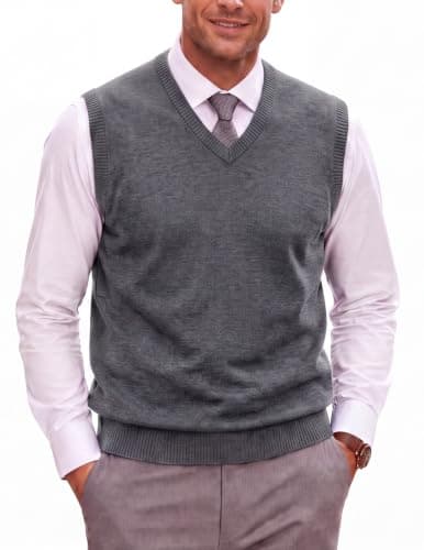 Moda Viva Mens Dark Grey V Neck Sweater Vest, Lightweight Knit Vest, Large