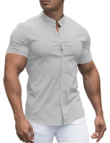 URRU Men's Muscle Dress Shirts Slim Fit Stretch Banded Collar Short Sleeve Casual Button Down Shirts, Light Grey, XX-Large
