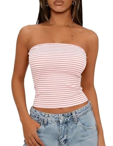 LOMON Cute Summer Tube Tank Tops for Women Y2k Crop Going Out Strapless Bandeau Basic Fitted Top (Pink and White Striped, L)