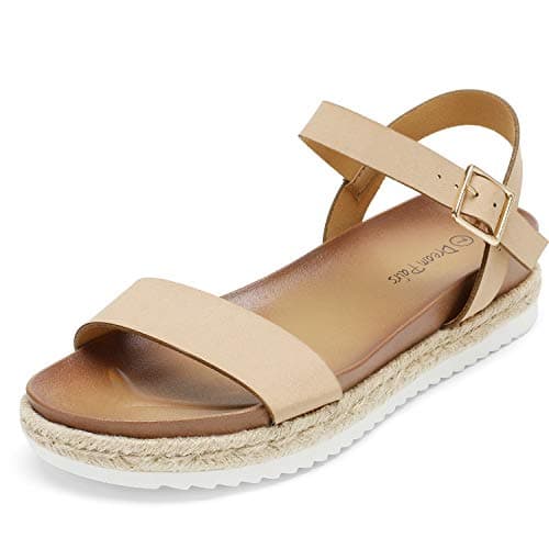 DREAM PAIRS Women’s Open Toe Ankle Strap Espadrille Casual Flatform Platform Wedge Sandals,Size 5,Nude/Pu,SUNNA