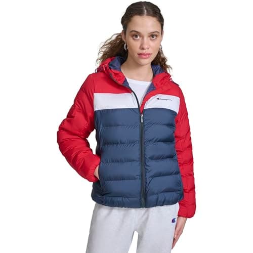 Champion Women's Quilted Hooded Packable Puffer, Red/Navy Combo, X-Large