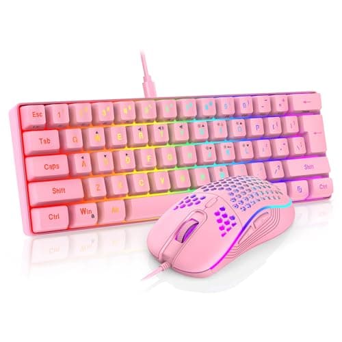 RedThunder 60% Gaming Keyboard and Mouse Combo, Ultra-Compact 61 Keys RGB Backlit Mini Keyboard, Lightweight 7200 DPI Honeycomb Optical Mouse, RGB Wired Gaming Set for PC MAC PS5 Xbox Gamer(Pink)