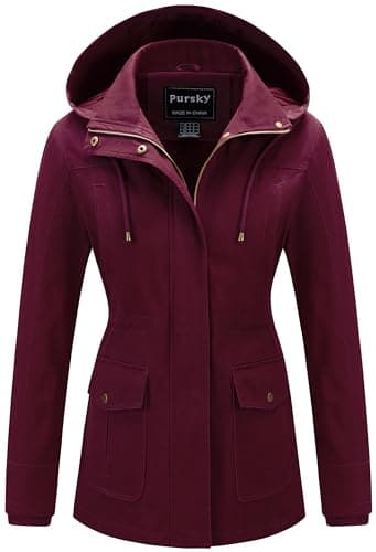 Pursky Womens Cargo Jackets Anorak Women Military Transitional Jacket Women's Lightweight Utility Button Spring Coat Fall Casual Outerwear Burgundy 3XL