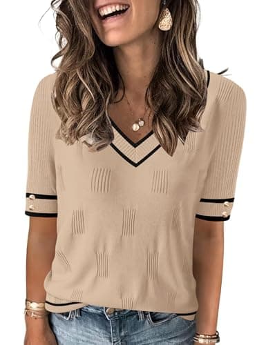 AKEWEI Womens Tops Spring Summer Short Sleeve Sweater Fashion Dressy Casual Knit Blouse(Apricot Black Striped,XXL)