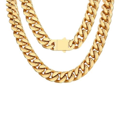 FindChic Chunky Cuban Link Chain Necklace for Women Men, Gold Stainless Steel Thick Heavyweight Curb Chain Hip Hop Punk Baddie Streetwear Jewelry, 12mm Width, 18 Inch Length, with Gift Box