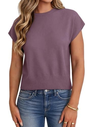 UNCLECAT Short Sleeve Sweater for Women Knit Fall Pullover Tops Grey Purple