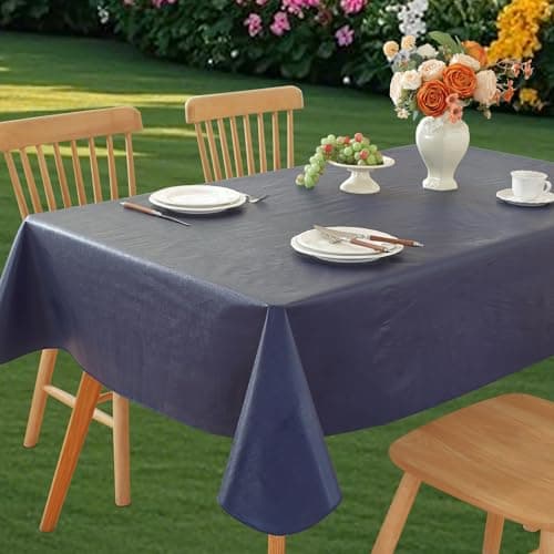 Wondwrla Rectangle Tablecloth, Vinyl Tablecloths with Flannel Backing, Waterproof Wipeable Oil-Proof, Plastic Table Cloth for Dining, Picnic, Camping, Indoor and Outdoor (Dark Blue, 60" x 102")