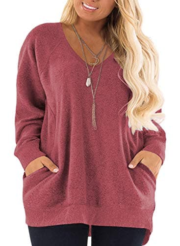 DOLNINE Womens Plus Size Tops 3X Winter Sweater Shirts Pocket Tunics Blouse Wine Red-24W