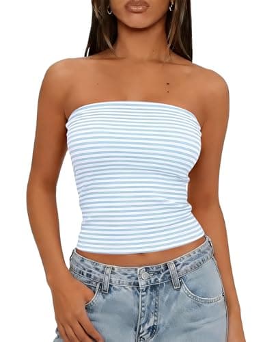LOMON Womens Tube Tank Tops 2026 Summer Going Out Y2k Sexy Strapless Slim Fit Crop Clothing (Blue and White Striped, S)