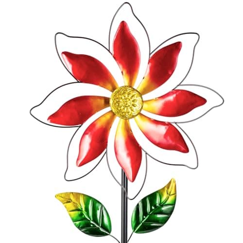 Sunnylight Wind Spinner Outdoor,14’’ Dia Red Flower Shape Garden Pinwheels Spinners,Waterproof Windmill for Yard Lawn Patio Decor