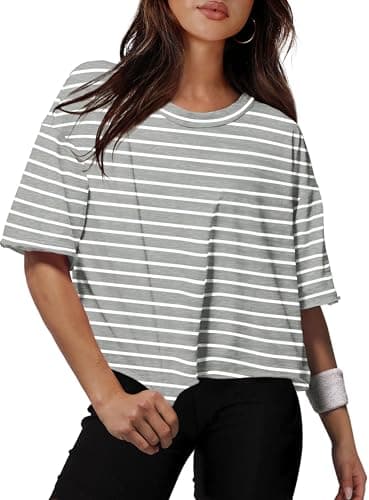 XIEERDUO Grey and White Striped Shirt Short Sleeve Crop Tops for Women Oversized Tshirts Summer Crop Tops Loose Fit L