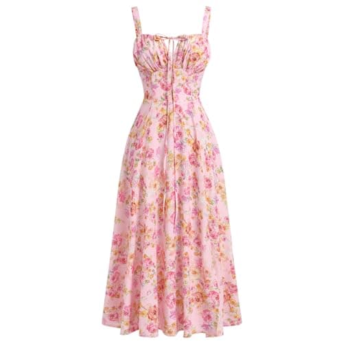 IBTOM CASTLE Corset Dress for Women Formal: Women's Summer Floral Spaghetti Strap Sleeveless Bustier Boho Long Flowy Slit Wedding Engagement Dresses Pink Floral XS
