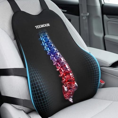 Teemour Lumbar Support Pillow for Car Seat, Memory Foam Back Support Pillow with Adjustable Straps, Medium Soft Car Back Cushion for Driving, Truck, SUV, Office Chair, Black