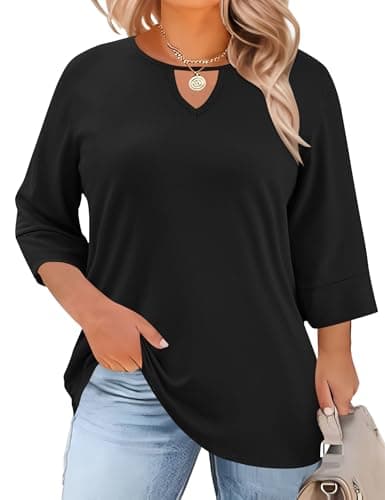Rapbin Plus Size Tops for Women 3/4 Sleeve Crewneck Tunic, Black, XL