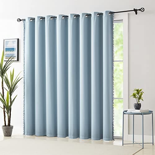 100% Blackout Sliding Door Curtains with Pom Poms for Bedroom 100"x84" Blue