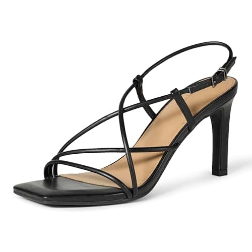 Amazon Essentials Women's Strappy Stiletto Heel Sandals with Ankle Strap, Black Faux Leather, 6.5