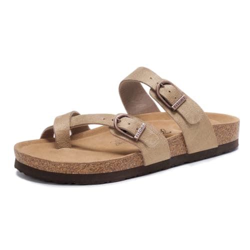FITORY Women's Slide Sandals with Soft Cork Footbed, Comfort Arch Support Flat Sandals for Summer Taupe Suede Size 11