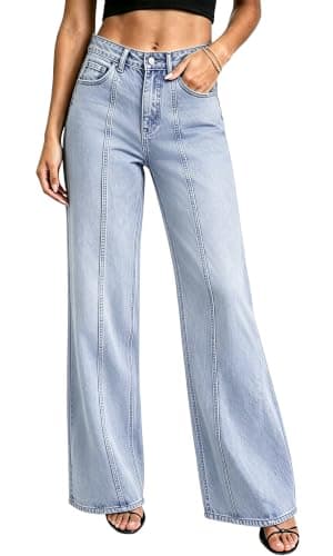MARIASHA Pull On Women's Wide Leg Jeans High Waisted Stretchy Buttoned Denim Pants Jean Light Blue 2XL