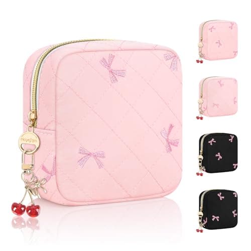 Playexen Quilted Period Bag with Cherry Keychain, Small Period Pouches for Teen Girls, Cute Sanitary Napkin Storage Bag, Bow Compact Discreet Pad and Tampon Holder for Purse (Plaid-Pink)