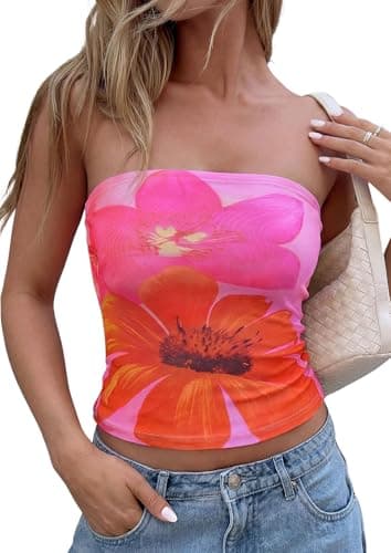 PRETTYGARDEN Tube Tops for Women 2026 Summer Spring Floral Strapless Going Out Tops Y2K Mesh Cute Beach Vacation Clothes (Pink,XX-Large)