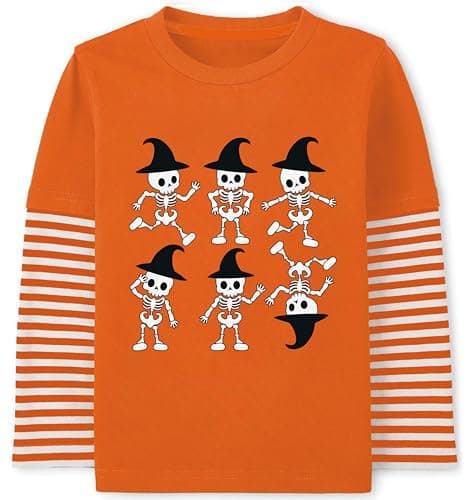 Little Boys Girls Skeleton Shirt Tops Striped Sleeve Dancing Skull Unisex Child Spooky Party T-Shirt for 7 Years