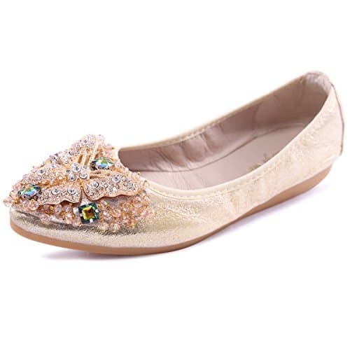VYKF Womens Ballet Flats Foldable Rhinestone Pointed Toe Comfortable Slip on Wedding Flat Shoes Dress Flats for Women Gold Size 12