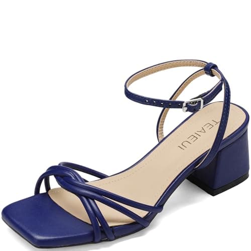 TEAIEUI Chunky Heels for Women, Square Toe Strappy Heeled Sandals, 2 Inch