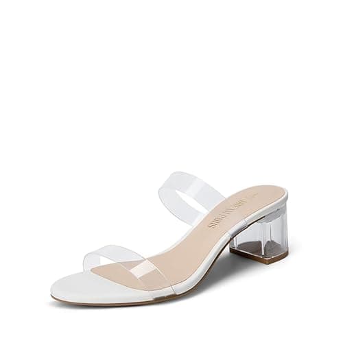 DREAM PAIRS Women's Two Strap Open Toe Low Block Chunky Heels Sandals Dress Pumps Casual Summer Mules Shoes,Size 5.5,White-Tpu,DHS213-1
