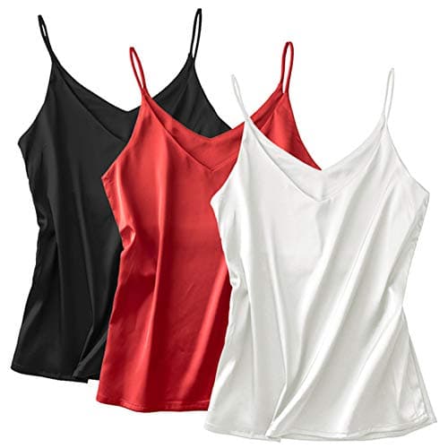 Miqieer Basic 3 Pack Women's Silk Tank Top Ladies V-Neck Camisole Silky Loose Sleeveless Blouse Tank Shirt with Soft Satin(3-Pack:White+Black+red,2XL)