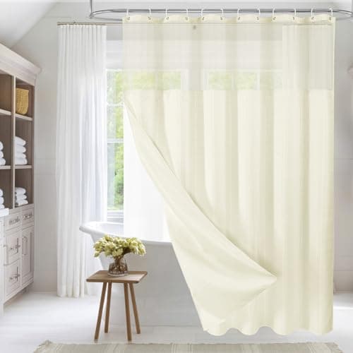 MitoVilla Extra Long 72 x 84 Shower Curtain Set with Snap-in Liner, Ivory XL Heavyweight Fabric Cloth Shower Curtains for Modern Luxury Hotel Spa Bathroom Decor, Ivory/Beige