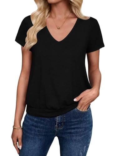 Sialois Short Sleeve Shirts for Women Outfits Teachers V Neck T Shirt Fashion Business Casual Holiday Blouse Cute Tunic Banded Bottom Tee Summer Spring Beach Vacation Essentials Clothes 2026,Black,L