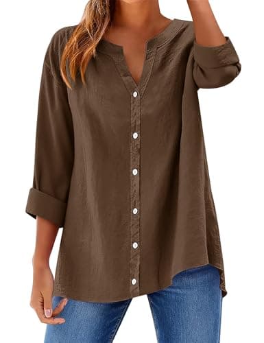 LOMON Womens Button Down Shirts Long Sleeve Cotton Button Up Shirt Linen V Neck Casual Loose Tops Blouses Coffee