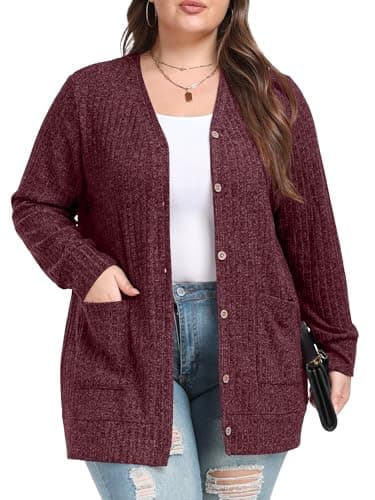 OLRIK Plus Size Christmas Sweater Open Front Button Down Cardigan Casual Jacket with Pockets Wine Red-2X