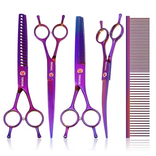 TOPGOOSE Dog Grooming Scissors Kit, Professional 6 in 1 Pet Scissors Sharp Shears Set - Straight, Thinning, Chunker, Curved Shears and Comb for Long Short Hair for Dog Cat (Set, Purple)