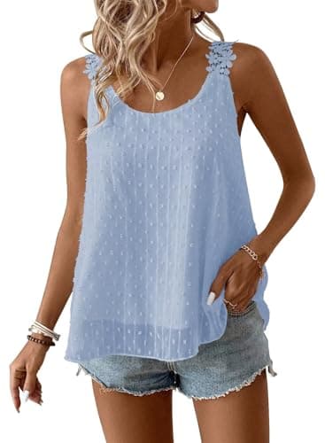 Falechay Spaghetti Strap Tank Top Trendy Crew Neck Sleeveless Smocked Tops Women Boho Business Dressy Casual Shirts Summer Flowy Lace Crochet Blue Ruffle Blouses Spring Fashion 2026 M