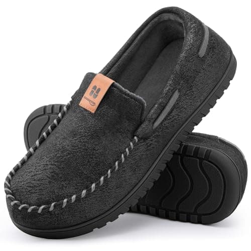 HomeTop Men's Suede Memory Foam Moccasin Slippers (11 US,Abyssal Black)