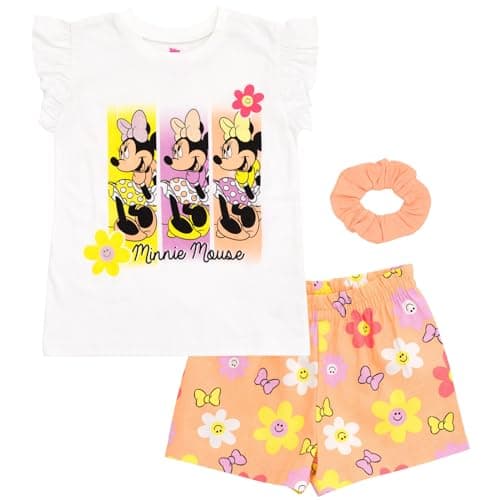 Disney Minnie Mouse Little Girls Tank Top French Terry Shorts and Scrunchie 3 Piece Outfit Set Orange Flowers 6